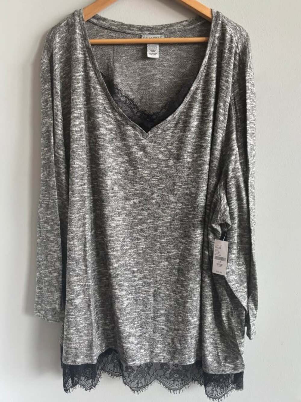 NWT Catherines Lace Trim 3/4 Sleeve Tee Heathered Gray Black Plus Size 5X